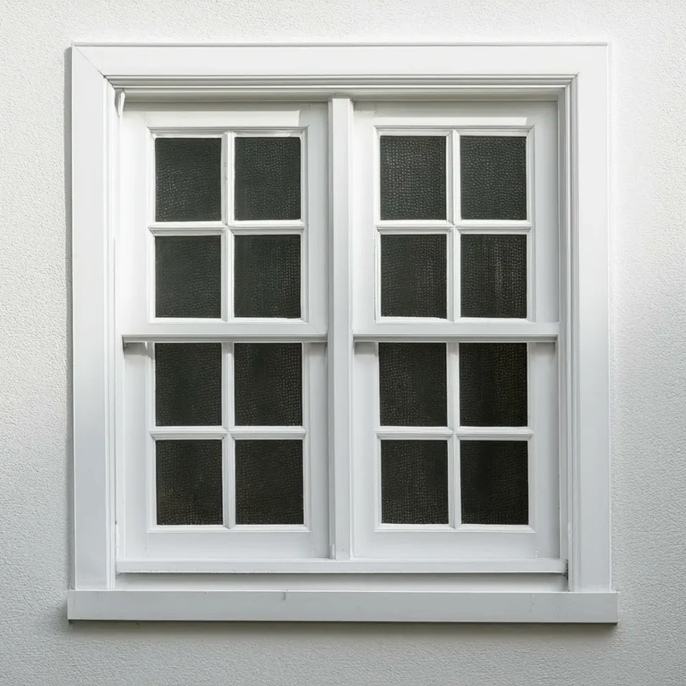 A single white window with four panes, set in a white wall.