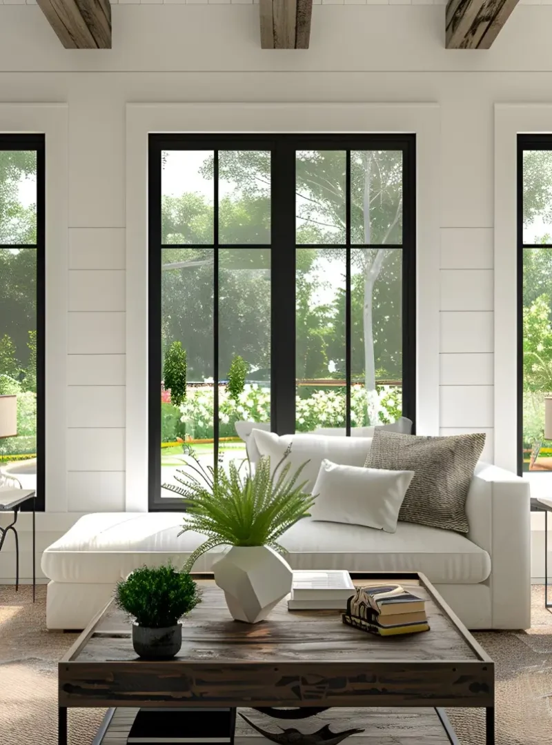 Black window frames surround a cozy farmhouse living room with white couches and a brown coffee table.