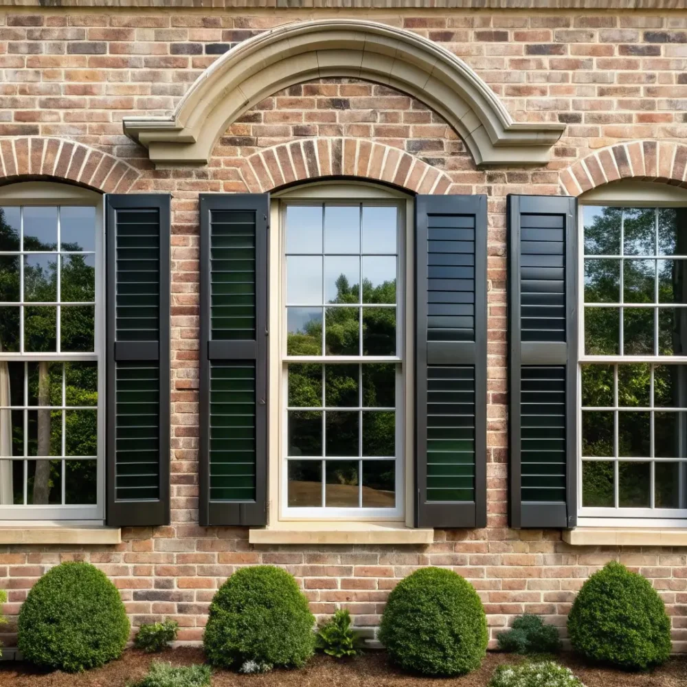 Classic brick house exterior featuring black double-hung vinyl windows with six panes.