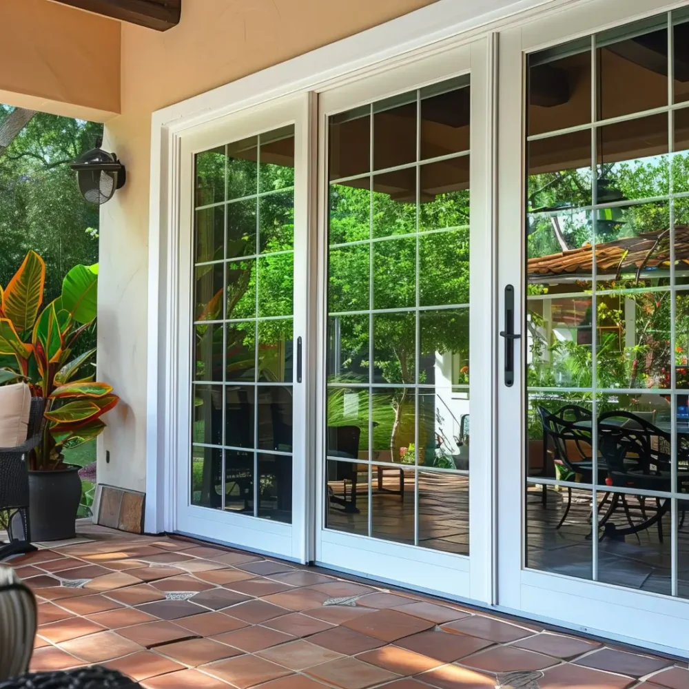 Exterior of a modern villa view from the patio door.