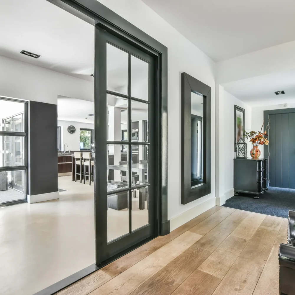 An interior shot of a sliding glass door.