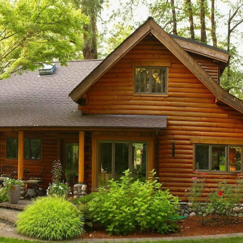 Cozy wooden cabin surrounded by lush greenery in a forest setting.