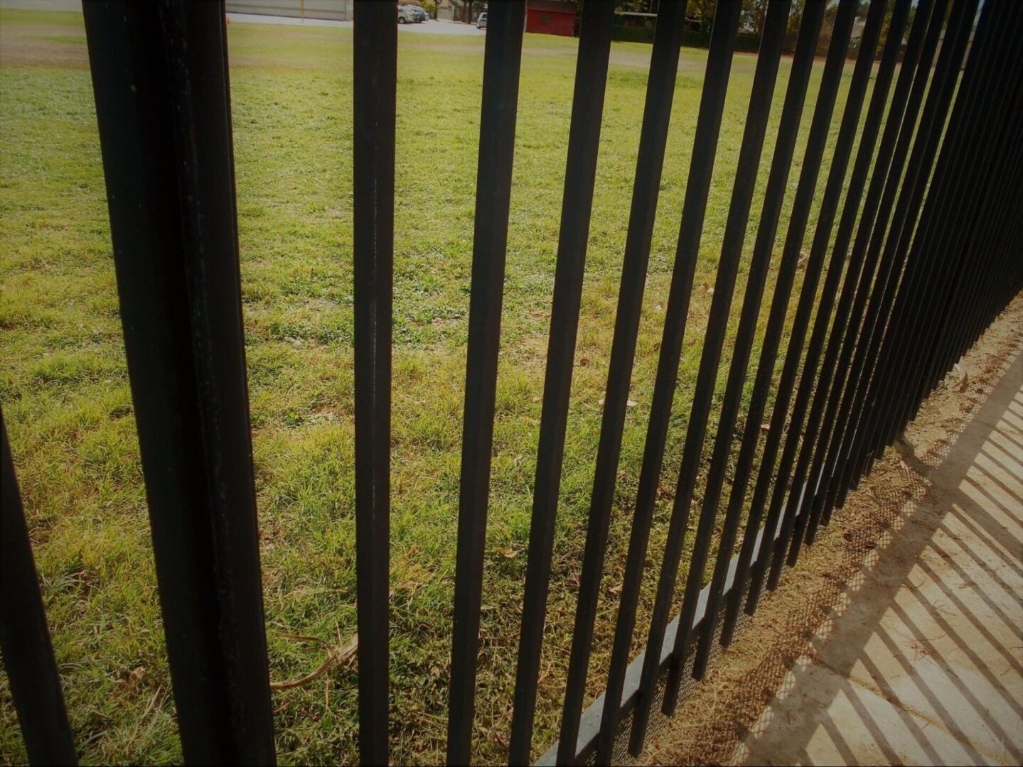 Metal fence with grass in the background. 