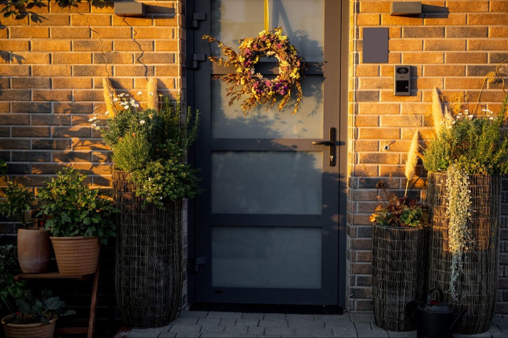 Front door of a home with a wreath next to plants. 