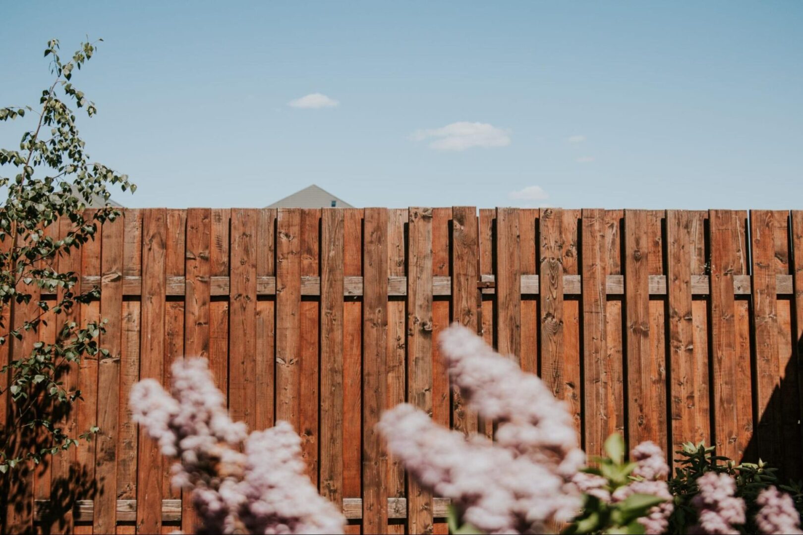 Wooden fence next to flowers. 