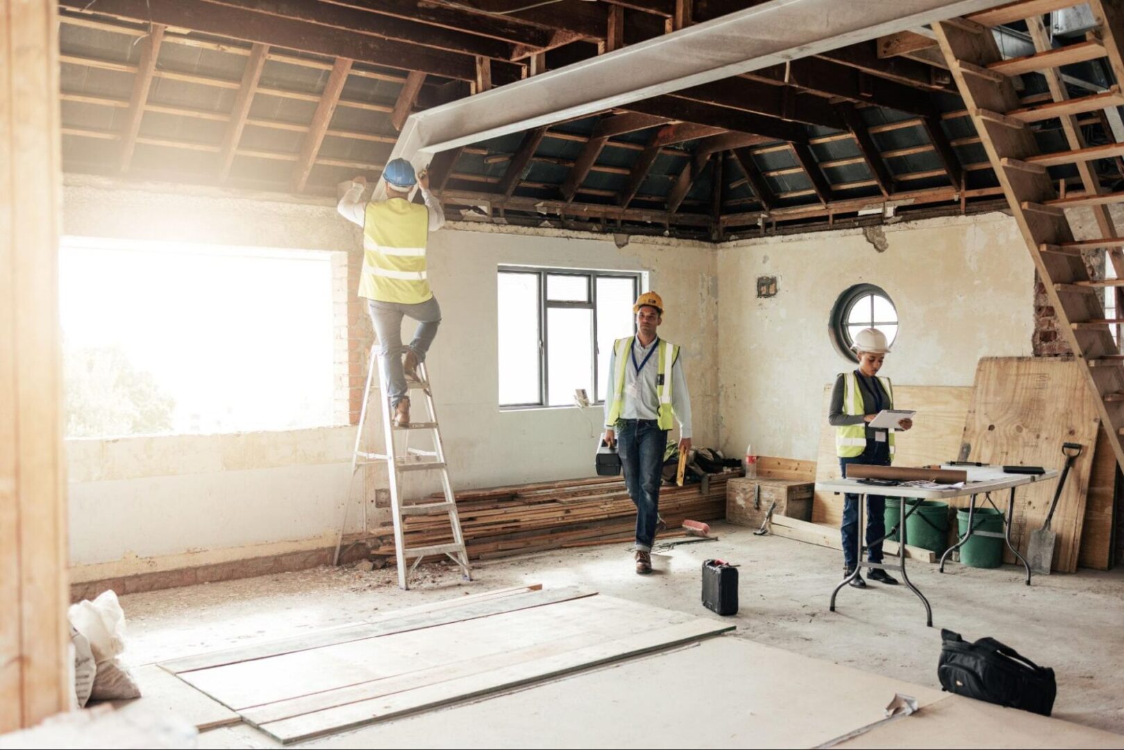 An architect with the construction workers collaborate on house remodeling, surrounded by blueprints, tools, and materials in a workspace.