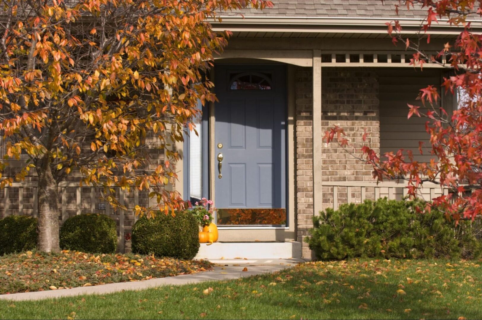 Front door of a home next to grass and trees.